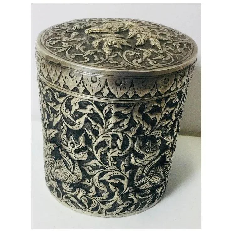 Chinese Silver Hand Chased Covered Jar With Foo Dogs - 2