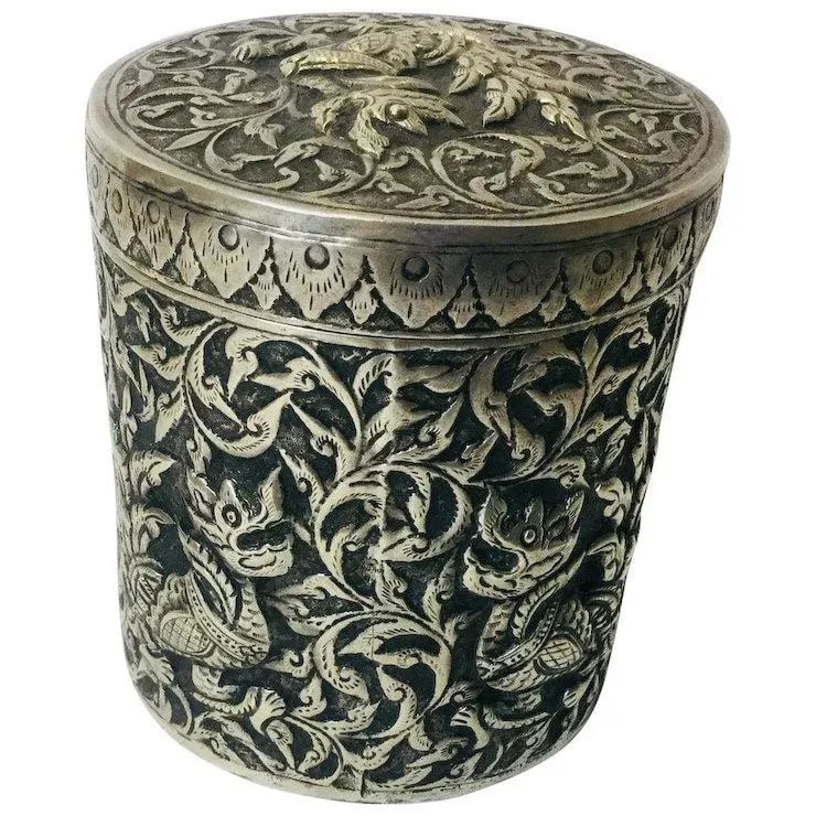 Chinese Silver Hand Chased Covered Jar With Foo Dogs - 7
