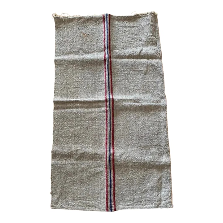 Vintage French Grain Sack: Vintage French Grain Sack With Red & Blue Stripes. The colors are still vibrant and the hemp/linen fabric is thick. Attached is a photo to give you an idea of the thickness of the "threads". It seems
