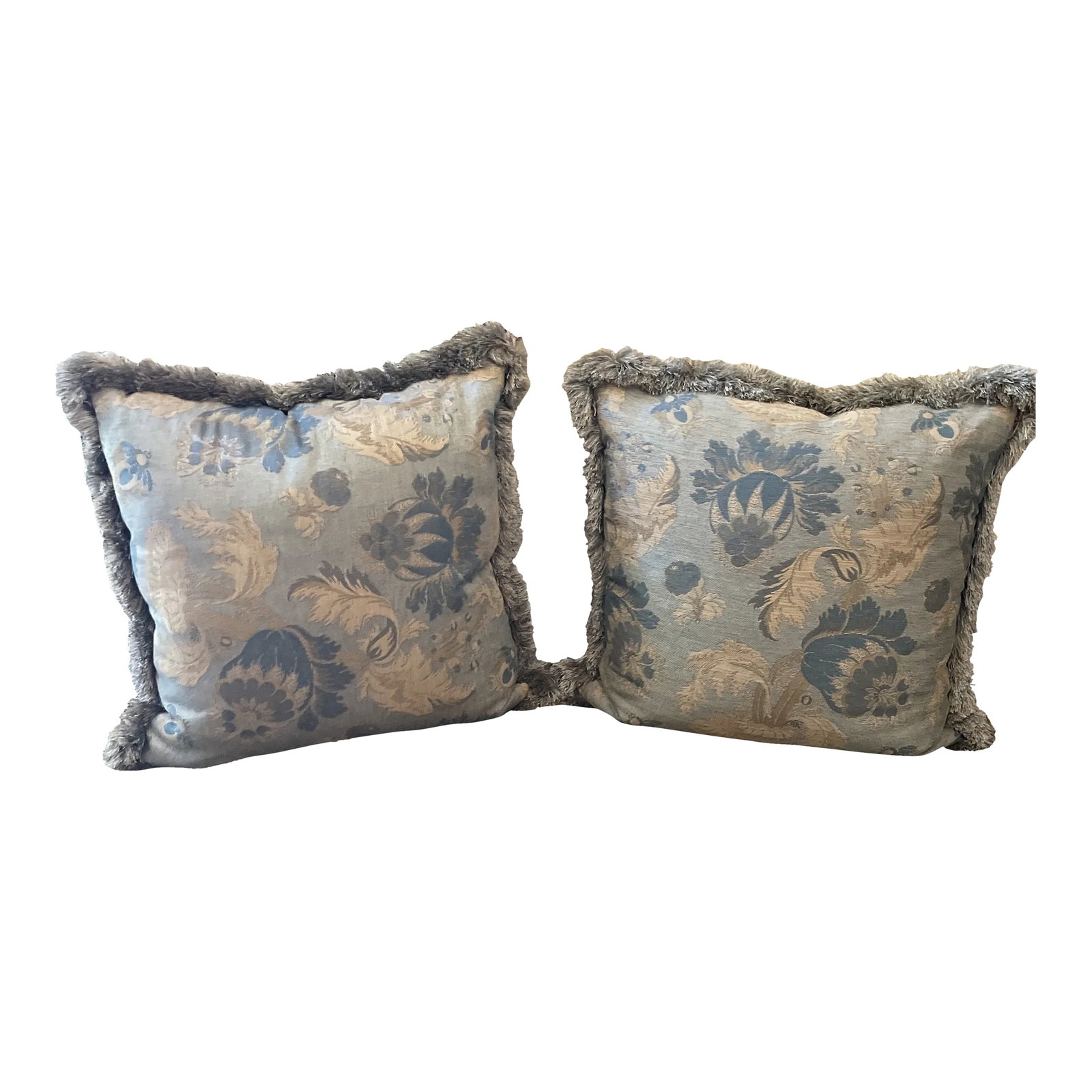 2000s Custom Designer Floral Pillows With Fringe- a Pair: Luxury custom floral pillow with pretty fringe embellishment. Down fill. Designer Fabric. The color is slightly warmer than the picture depicts. Condition: Alterations: Original Condition Unaltered