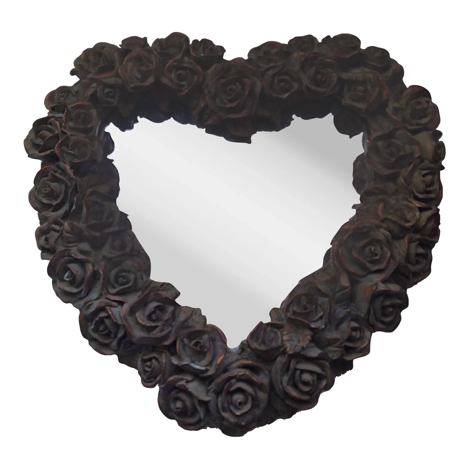 1960s Decoline Hand-Made Heart Shape Rose Wreath Mirror: Decoline heart Shape, Hand-made, Hand-painted, Decorative Floral Design Mirror. Green with a Gold Brush of Paint on the Rims of the Flower Petals. Roses are Very Detailed. Chip on Petal Not