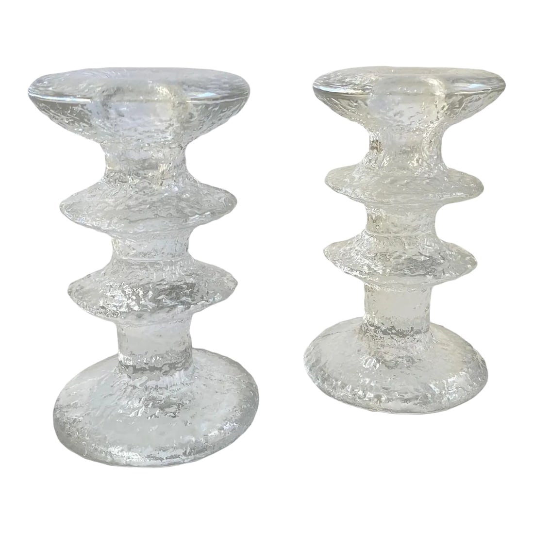 Iittala Crystal Icicle Glass Candle Holders by Timo Sarpaneva, Finland - a Pair Vintage Mid Century: Iittala Candle Holders by Timo Sarpaneva Finland Candlesticks Crystal Icicle Glass 1960s Nice vintage condition showing light age appropriate wear. Condition: Alterations: Original Condition Unaltered