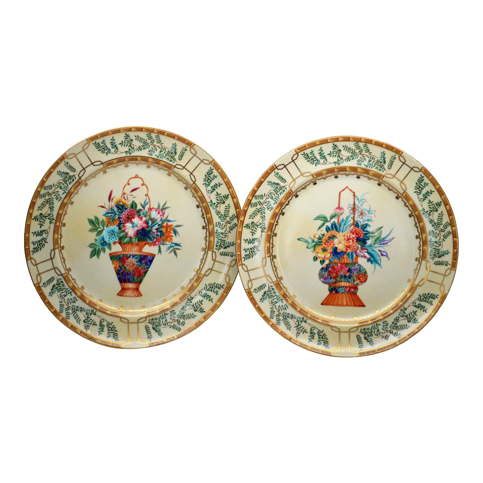 1990s Mottahedeh Williamsburg Chinoiserie Hand-Painted Ching Garden Desert Plates - a Pair