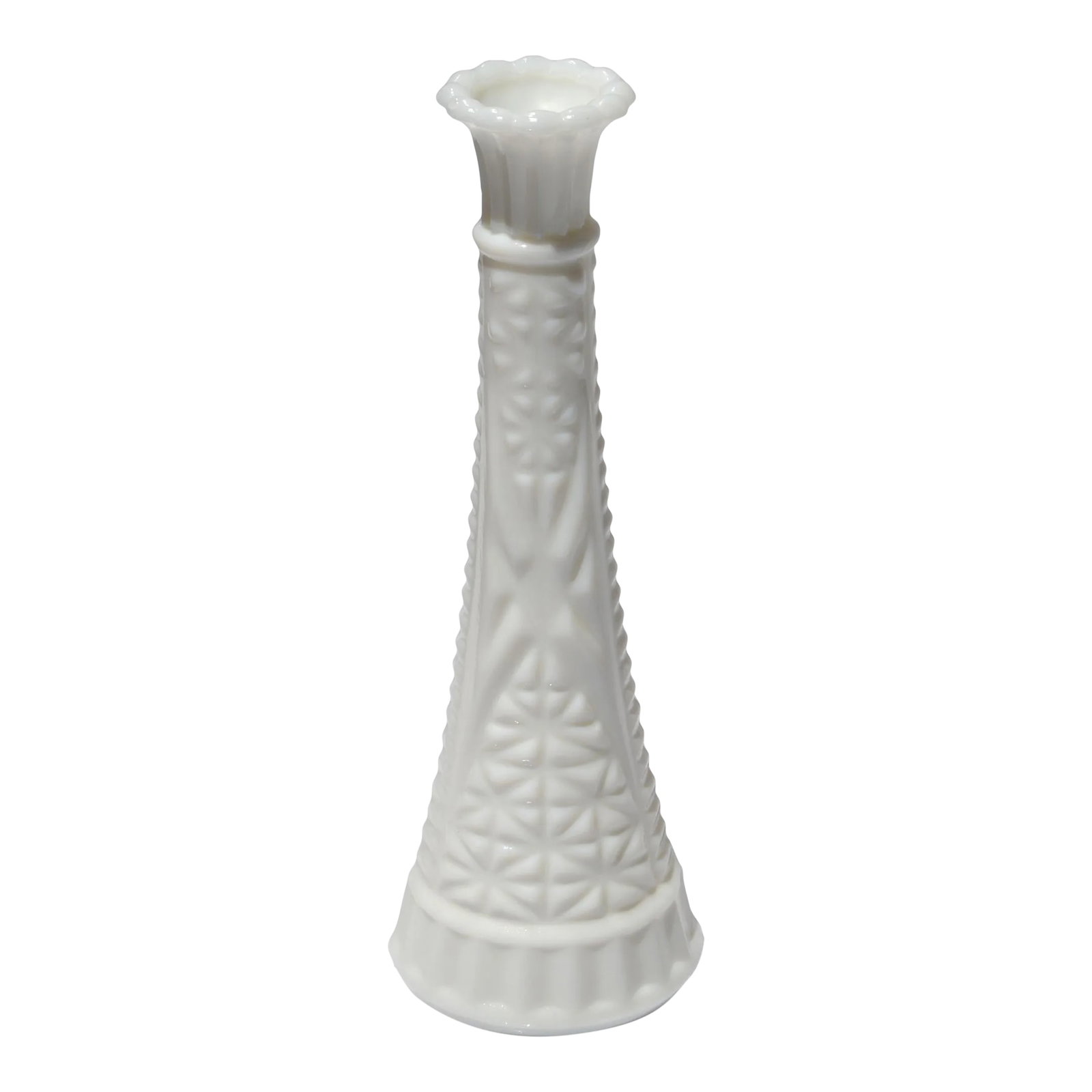 Mid-Century Modern Collectibles White Milk Glass Vase Candle Holder 1970: Collectibles Mid-Century Modern white milk glass Wheat Vase or Candle Holder. A wonderful way to add a bit of mid-century whimsy to any room. This Vase is decorated different all around and from Top t