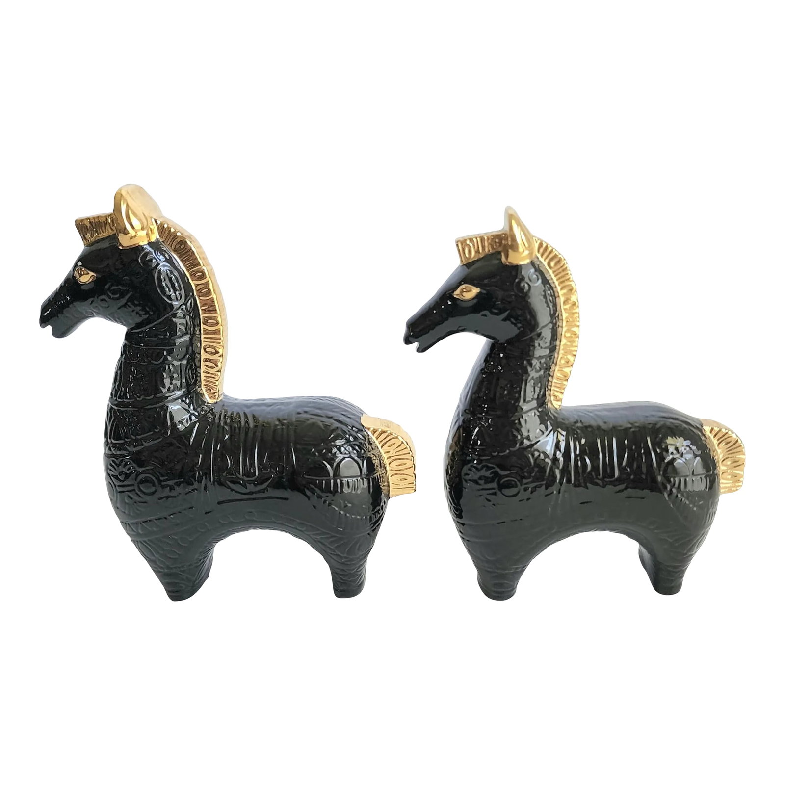 Vintage 1960s Mid-Century Asian Modern Black & Gold Glaze Tang Horse Figurines - a Pair: Vintage Tang Horses 1960s Mid Century Asian Modern Black & Gold Glaze A Pair. Thought to be hobbyist pieces inspired by Bitossi. Nice vintage condition with light age appropriate wear, slightly