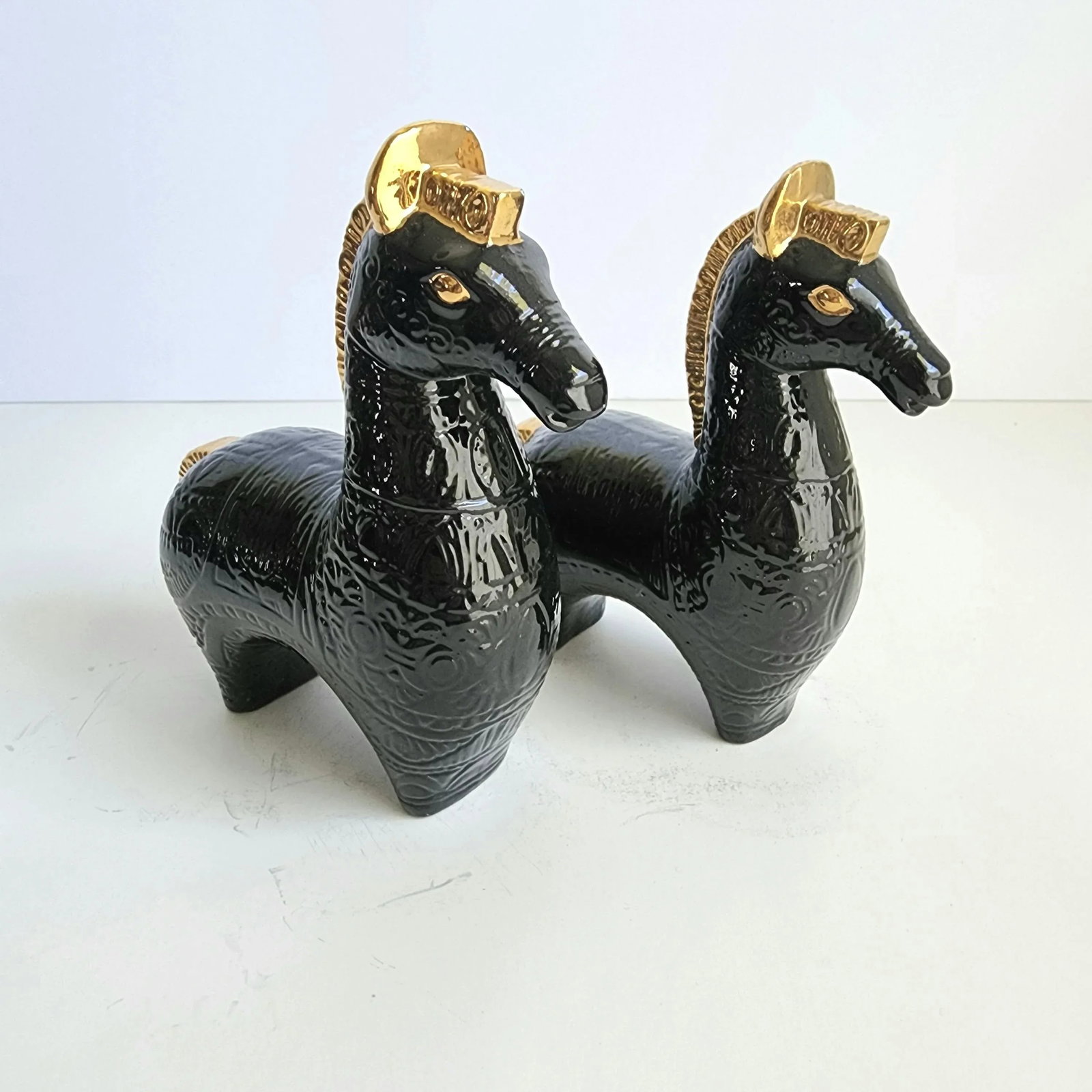 Vintage 1960s Mid-Century Asian Modern Black & Gold Glaze Tang Horse Figurines - a Pair - 2