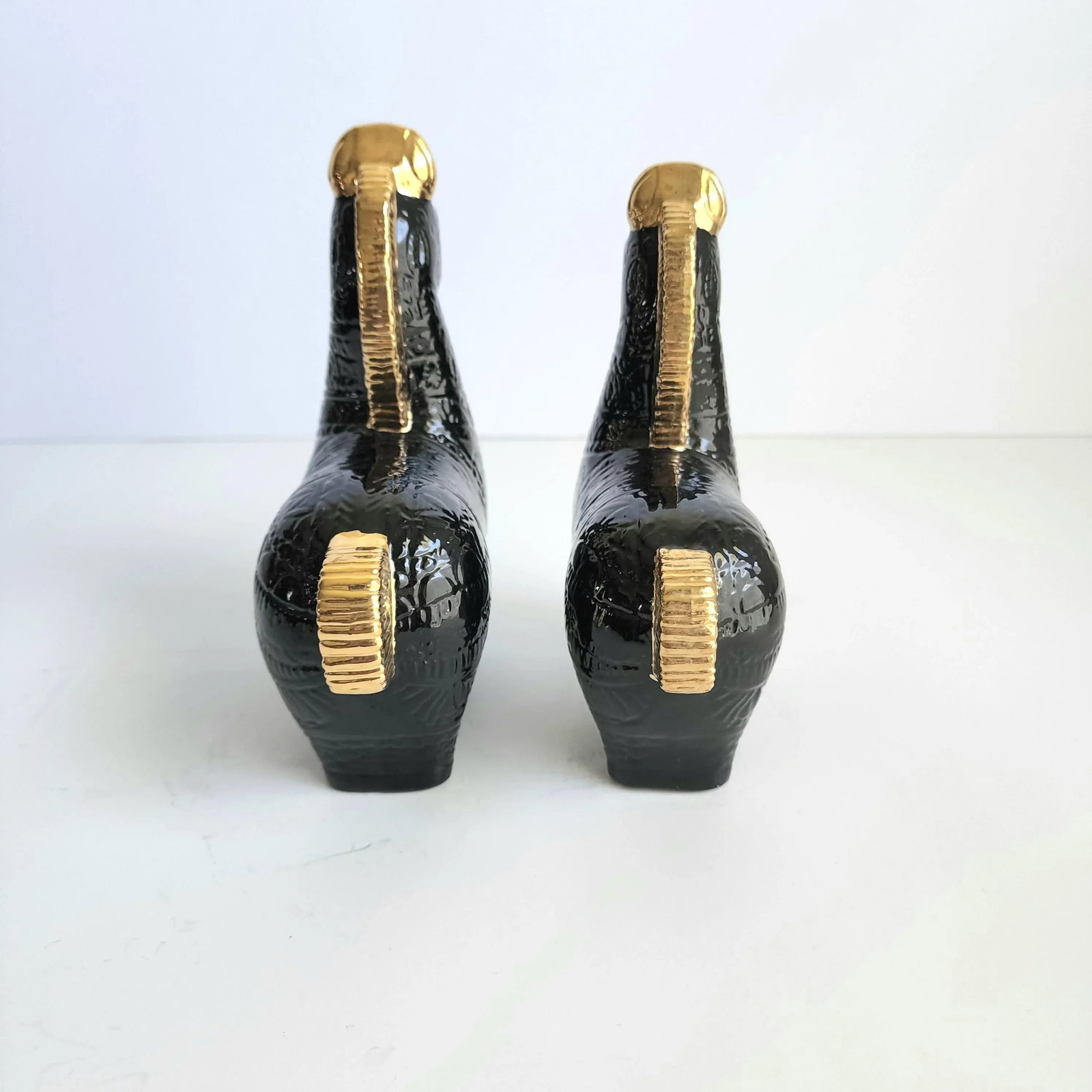 Vintage 1960s Mid-Century Asian Modern Black & Gold Glaze Tang Horse Figurines - a Pair - 3