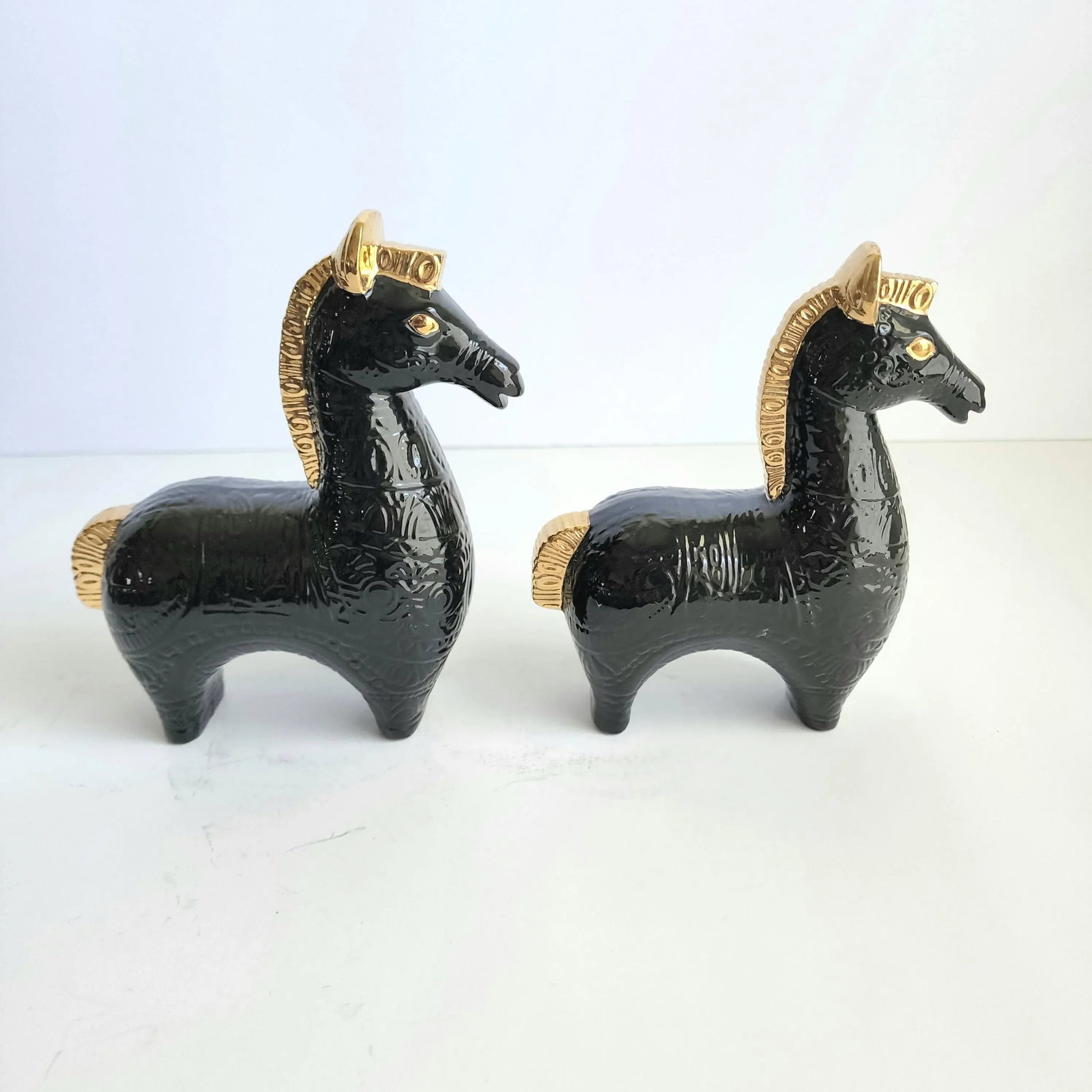 Vintage 1960s Mid-Century Asian Modern Black & Gold Glaze Tang Horse Figurines - a Pair - 6