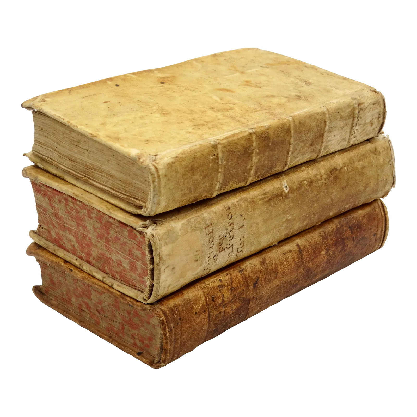 Collection of 18th-Century Vellum Books: Collection of 3 beautiful 18th-Century Italian vellum volumes. These are written of course in Latin and date from 1717.. They are lovely to display in a library or upon a desk. Dimensions are for the 