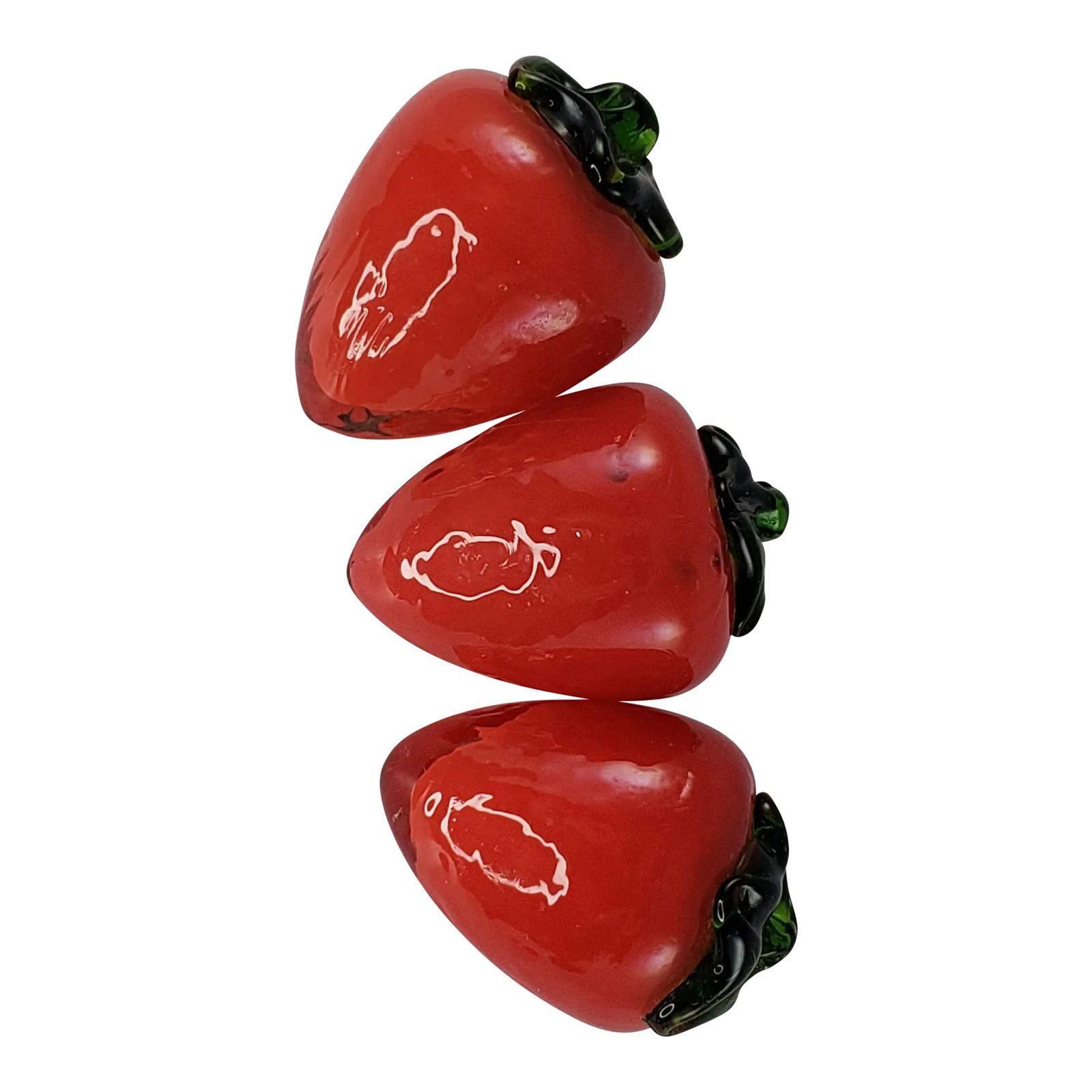 Art Glass Strawberry Fruit - Set of 3: Art Glass Strawberry Fruit Fake Faux Home Decor Strawberries Includes 3 strawberries. They are about 2.5" long. Great condition. No chips or breaks. See pictures as they are part of the description.