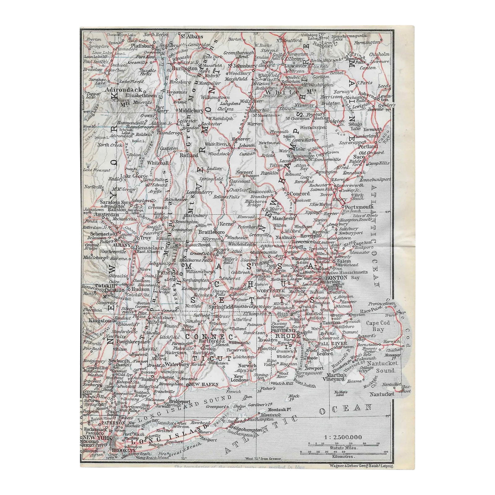 1909 Antique Map of New England: Antique folding map from a 1909 travel guide of North America of the Northeast. Condition: Alterations: Original Condition Unaltered Imperfections: Some Imperfections Condition Notes: Overall good con
