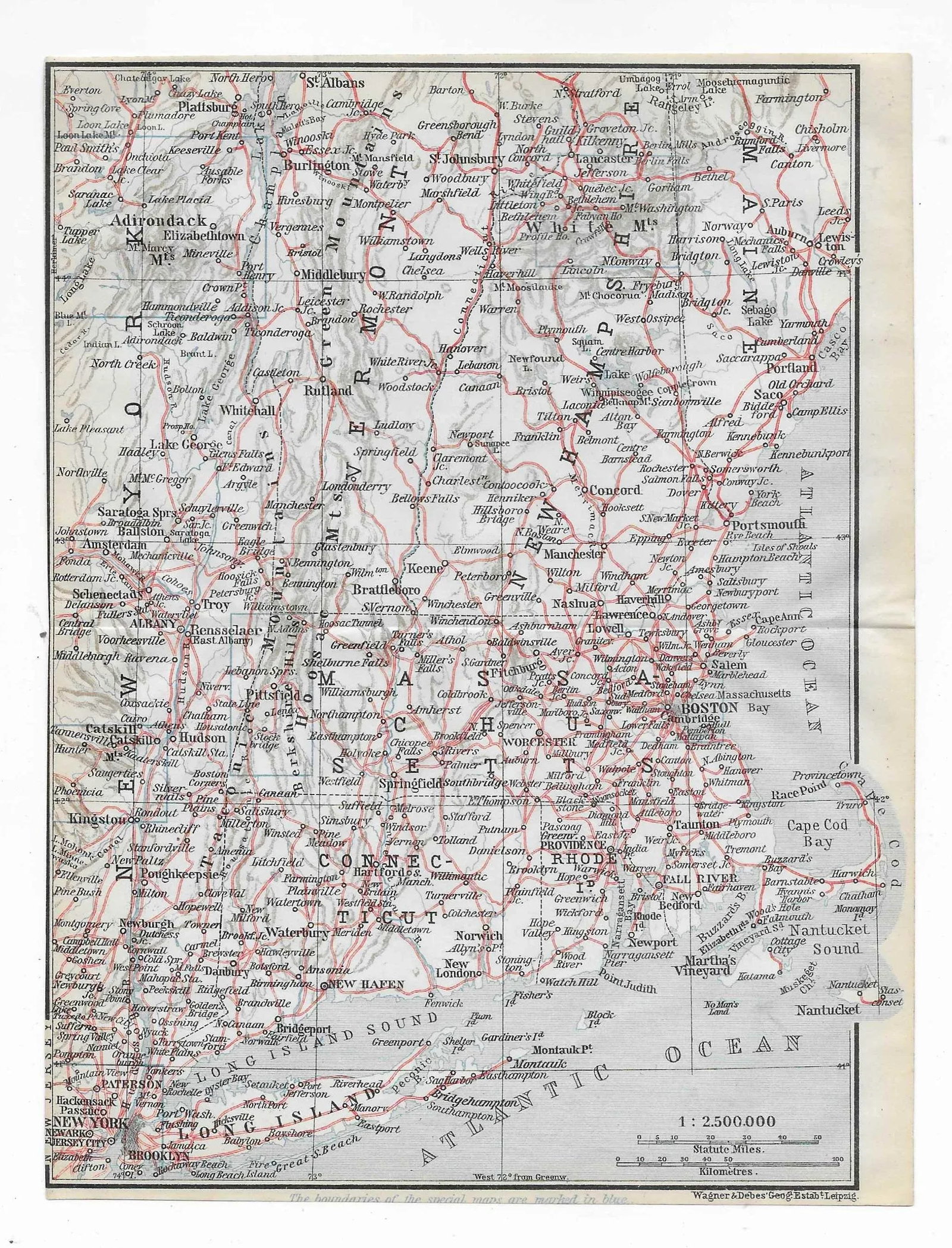 1909 Antique Map of New England - 3