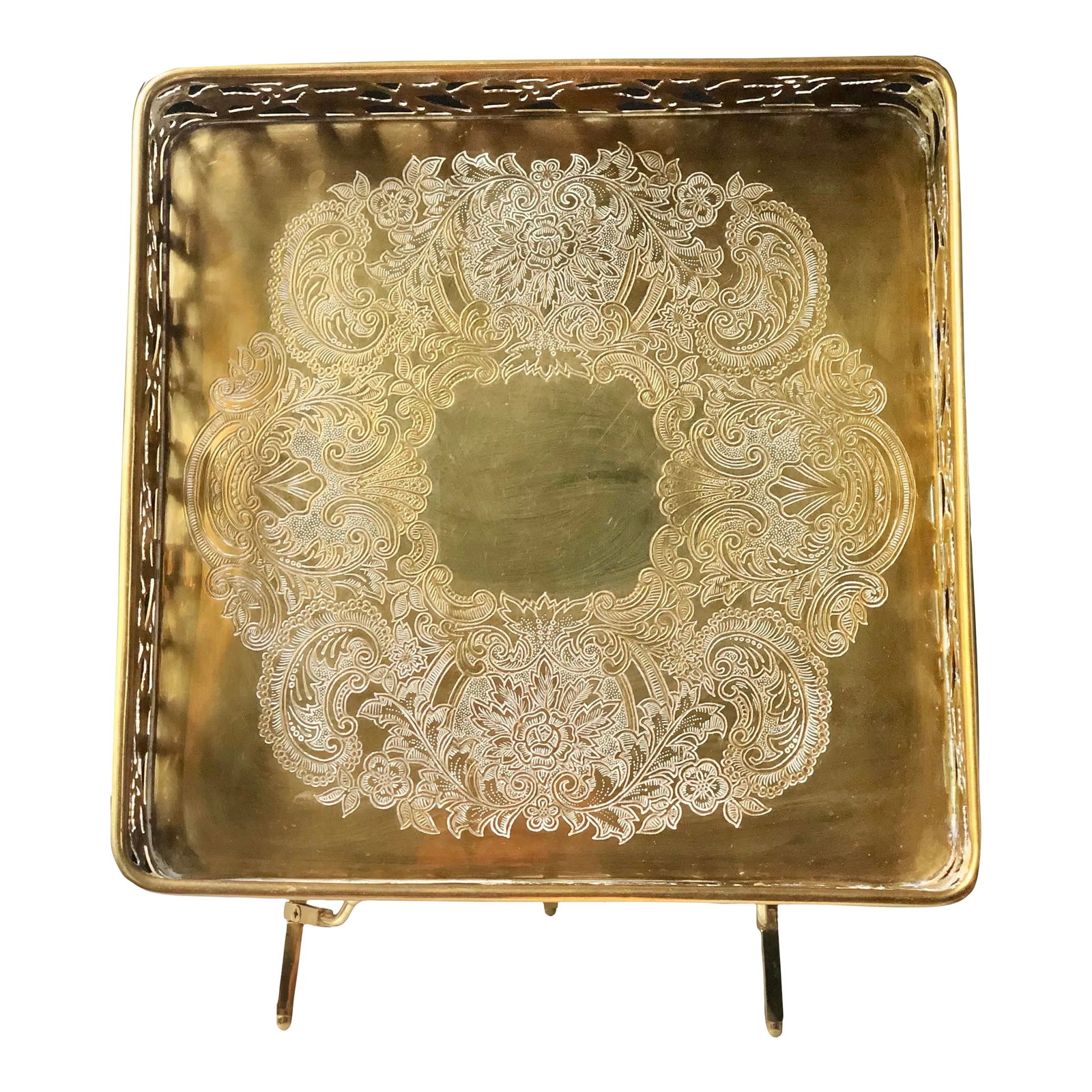 Mottahedeh Late 20th Century Botanicals Brass Gallery Tray: Large Mottahedeh gallery tray with phenomenal craftsmanship and ornate details. Grape and leaf rail complement a central motif of a floral and botanical wreath. 10.5" square, 2.1" tall. Condition: