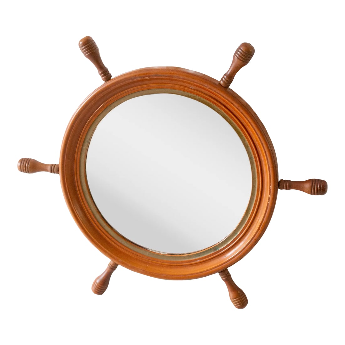 1960s Nautical Round Wooden Captains Mirror: This listing is for a mid-century vintage, solid wood Captain's mirror with turned wood spokes. Total Diameter measures: 21" Diameter of mirror itself is: 11/25" Condition: There are some