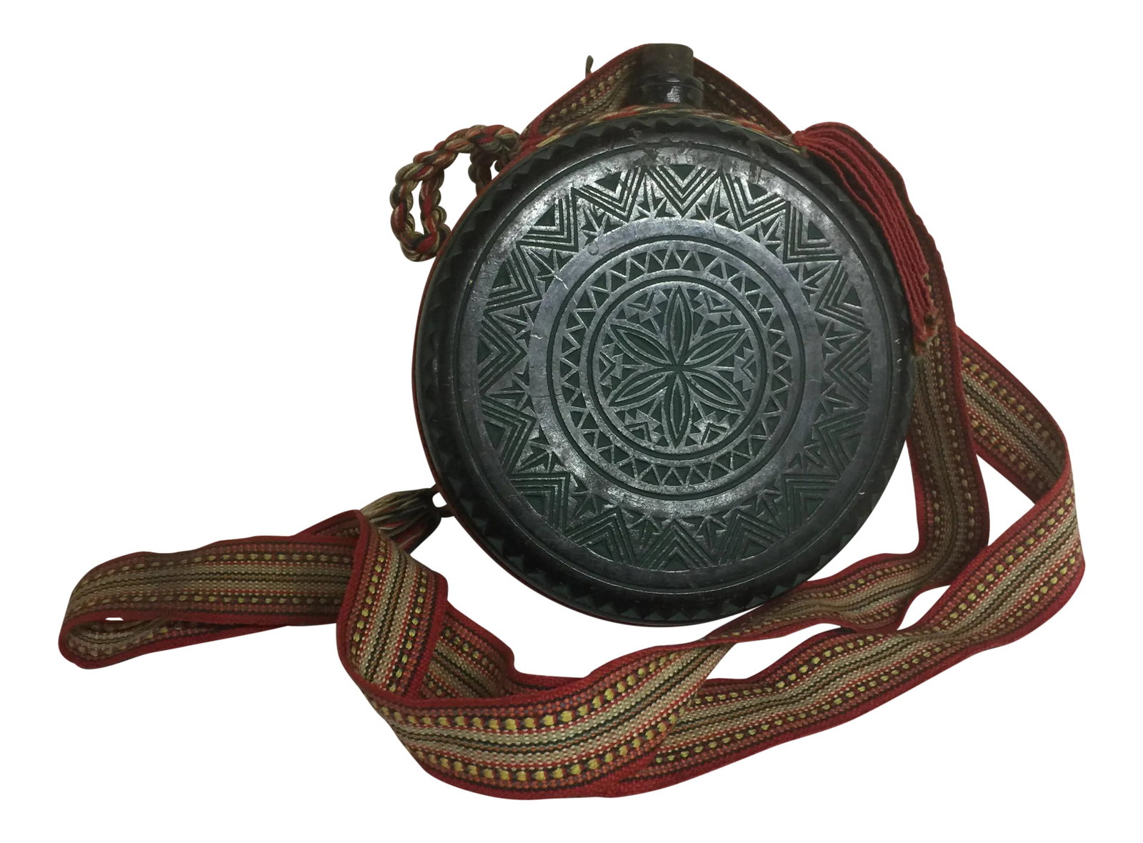 Vintage European Water Decanter: Wonderful hand carved and painted European water decanter or flask, possibly Czech. Green and black chip carving with decorative woven multicolored strap. Nice condition, missing lid. One minor light