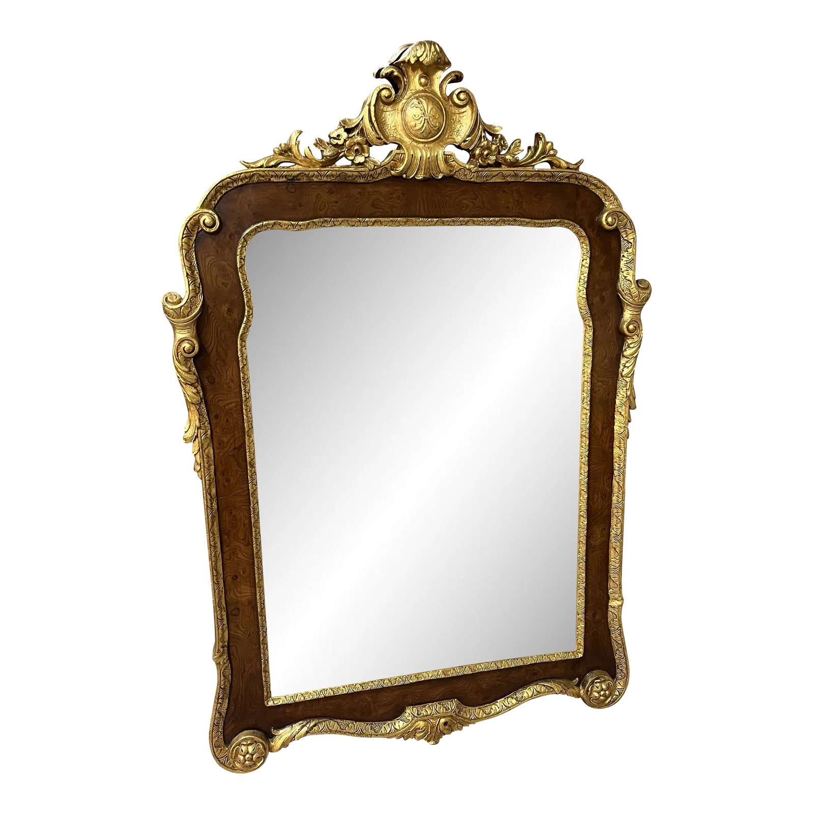 Late 20th Century Mirror With Shaped Beveled Glass: Formal Estate Mirror with Shaped Beveled Glass. Dimensions: W: 30.5" x D: 2.25" x H: 44.5" Condition: Alterations: Original Condition Unaltered Imperfections: Some Imperfections Condition Notes: