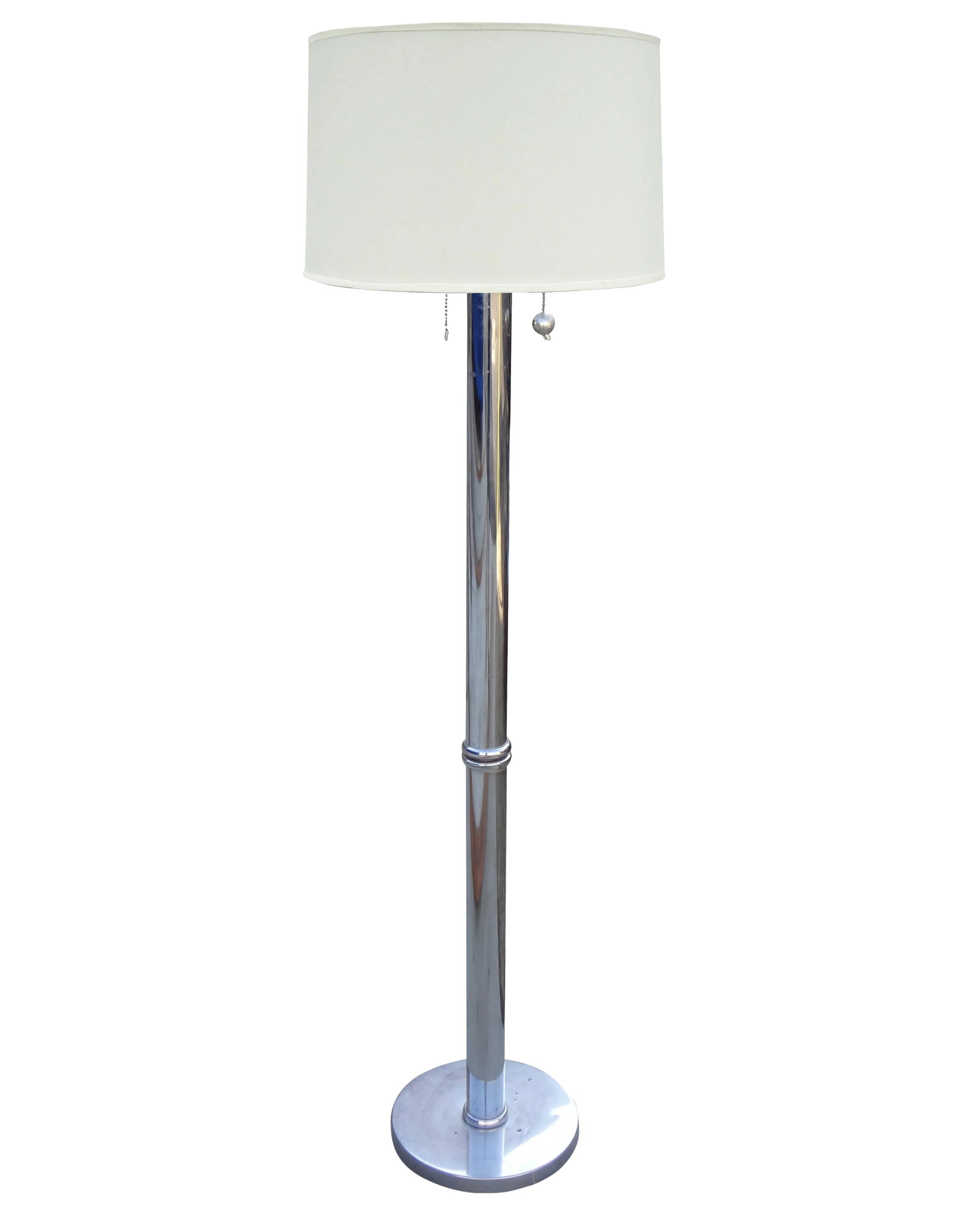 Cylindrical Chrome Floor Lamp: Substantial chrome floor lamp in stacked cylinders- almost was a faux bamboo look to it. Heavy weighted base, substantial construction. Takes two bulbs. Shade was some light marks. Shade, 15.5"
