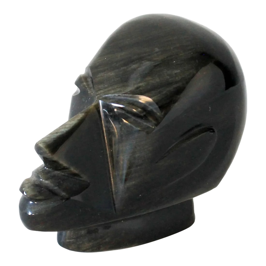 1960s Obsidian Onyx Black Stone With Silver Sheen Male Bust Paper Weight: Vintage carved obsidian black stone male bust paper weight with silver sheen. No makers mark. One very small chip on base. Pictured. Condition: Alterations: Original Condition Unaltered