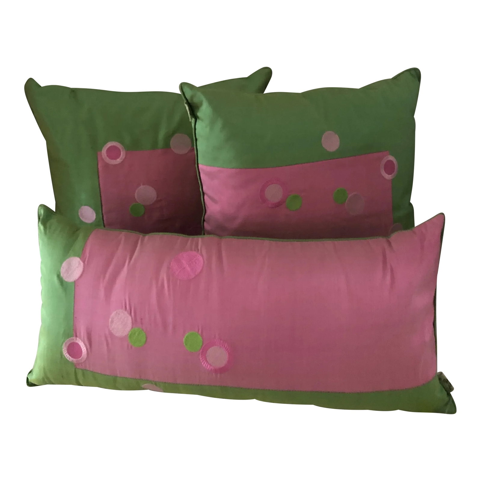 Set of 3 Pink & Green Silk Polka Dot Pillows: Set of 3 pink and green silk polka dot pillows , new never used. Invisible zippers , removable fiber pillows . 2 that measure 25" x 15" x 5" 1 that measures 21" x 10" x 5" Thank you ! Condition: