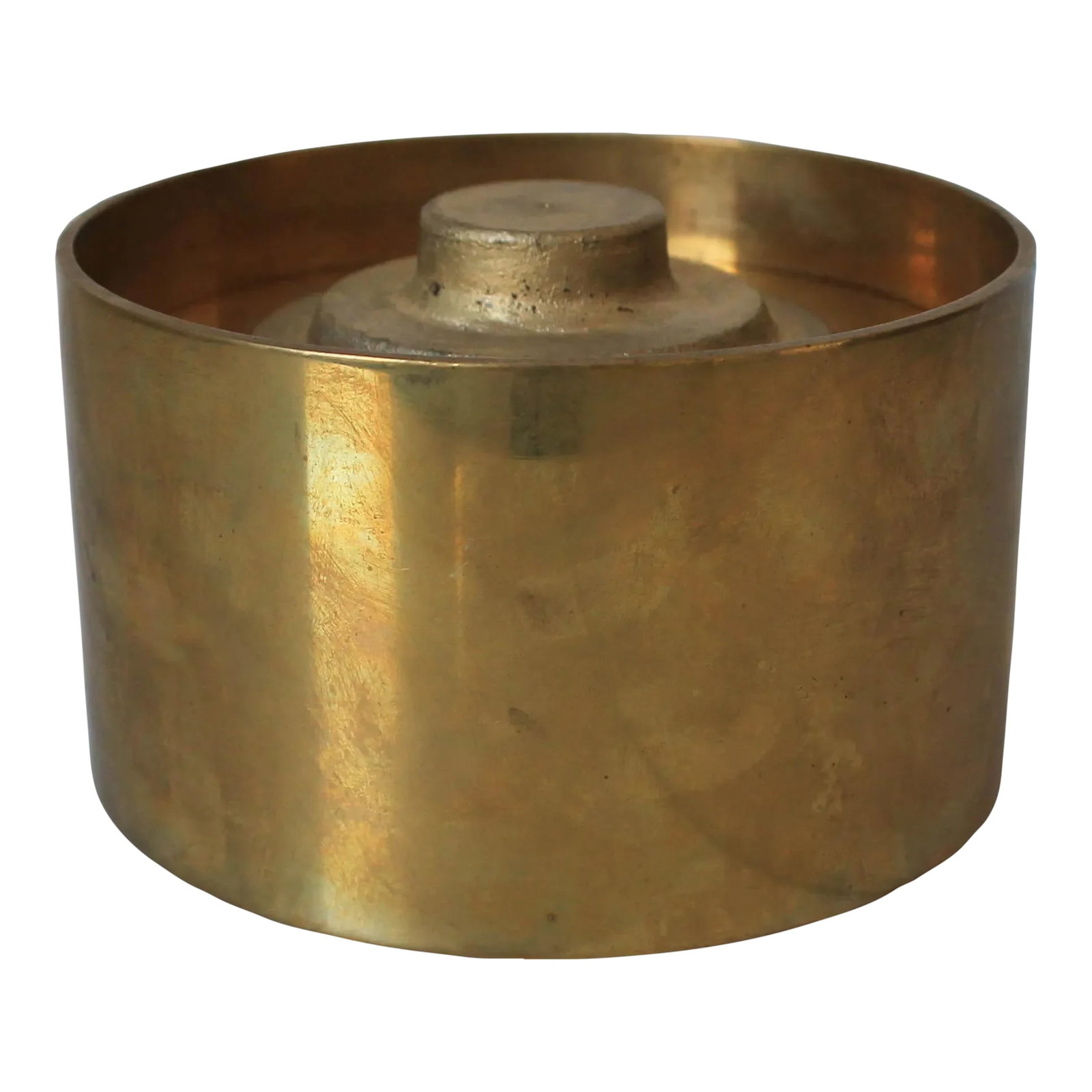 Vintage Lidded Brass Container by Chapman: Vintage lidded heavy brass container by Chapman. Dated 1982. Some age wear and patina to brass. Makers mark on the bottom. Condition: Alterations: Original Condition Unaltered Imperfections: Some
