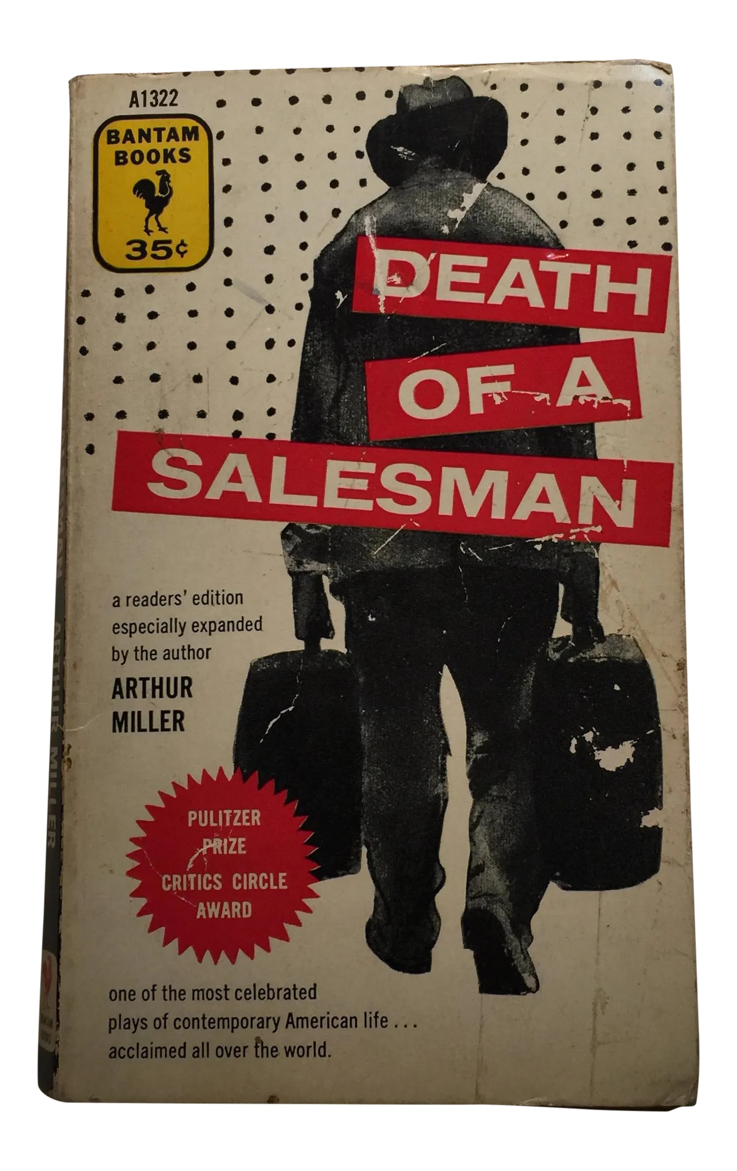 Death of a Salesman Arthur Miller 1955: New York: Bantam Books, 1955 Softcover. 152pp. Illustrated by Joseph Hirsch. Pages tanned. Cracking slightly at spine ( as seen in photo). Spine cocked to one side. As unread. Light soil on covers.