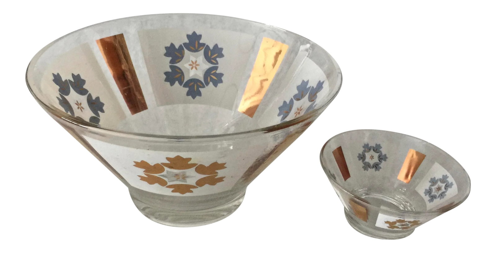 Mid-Century Chip & Dip Bowls - A Pair: Mid-Century gilded and blue flower designs on this set of serving bowls perfect for chip and dip. Large bowl measures 10 1/2" W x 6 " Tall. Small bowl measures 5"W x 2 1/2" Tall. Condition: