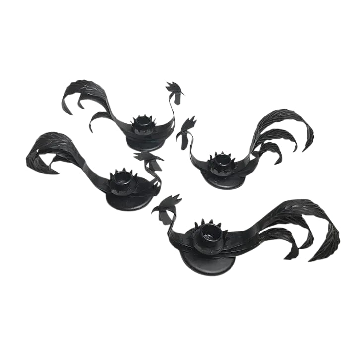Mid-Century Black Metal Rooster Candle Holders - Set of 4: Vintage mid-century set of four handmade black metal rooster candle holders. These beautiful pieces are all slightly different and hand made with care. Perfect for indoor or outdoor decor. Great