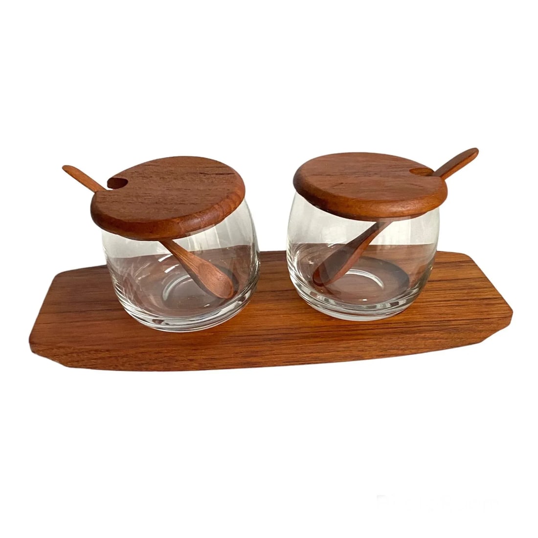 Mid Century Danish Modern 1960s Teak Condiment Set Tray Covered Dish & Spoons - 10