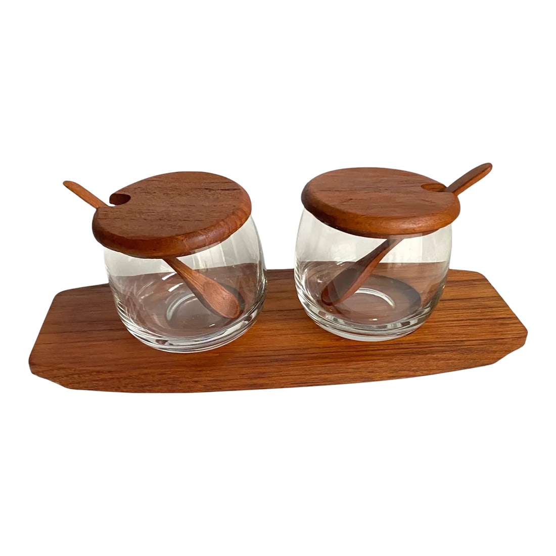 Mid Century Danish Modern 1960s Teak Condiment Set Tray Covered Dish & Spoons: Mid Century Danish Modern 1960s Teak Condiment Set Tray Covered Dish & Spoons A versatile set, use it for jam, mustard, nuts, or whatever you fancy. Condition: Alterations: Original Condition