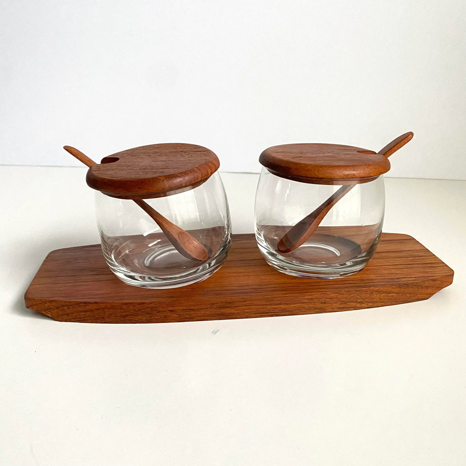 Mid Century Danish Modern 1960s Teak Condiment Set Tray Covered Dish & Spoons - 2