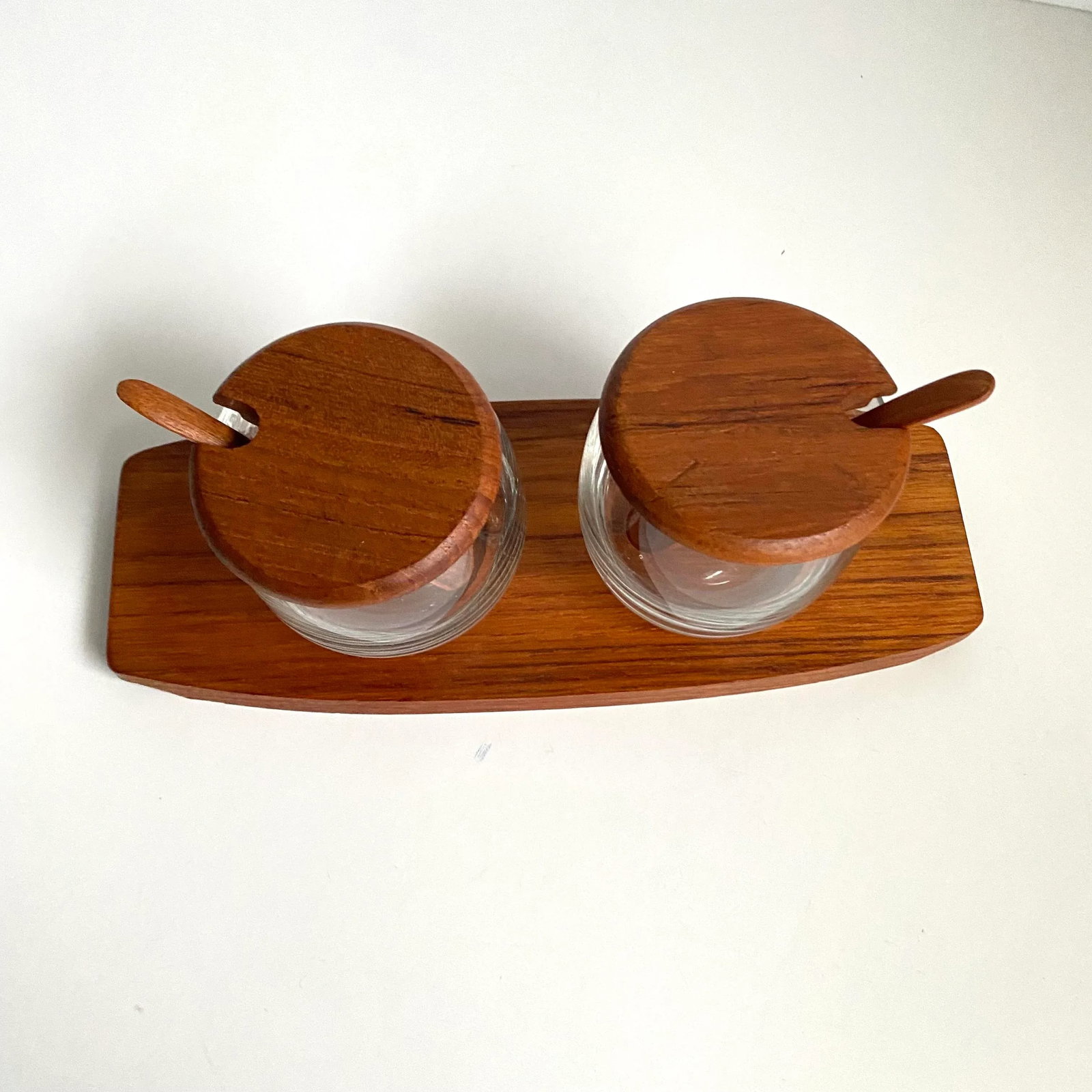 Mid Century Danish Modern 1960s Teak Condiment Set Tray Covered Dish & Spoons - 3