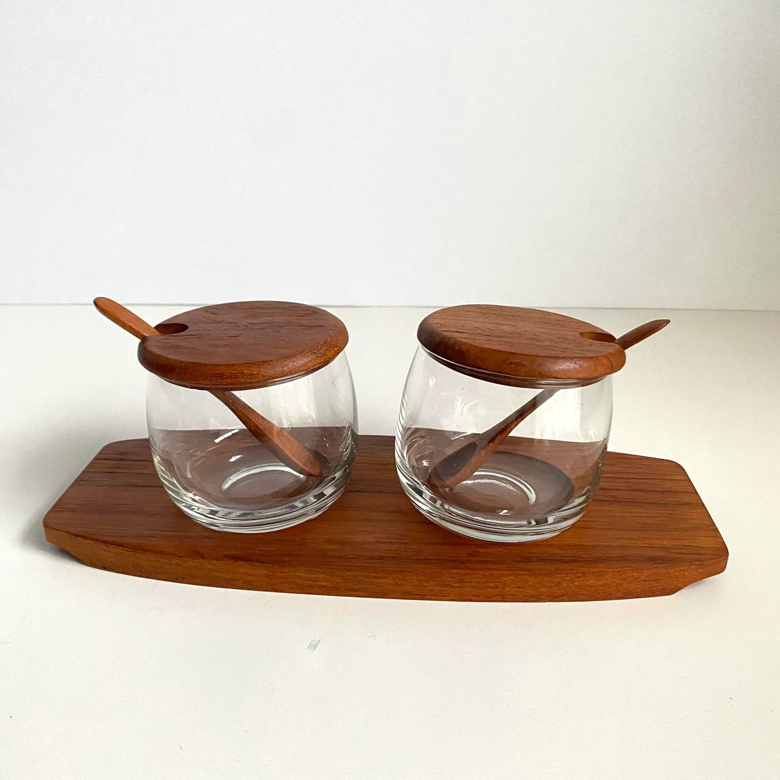 Mid Century Danish Modern 1960s Teak Condiment Set Tray Covered Dish & Spoons - 4