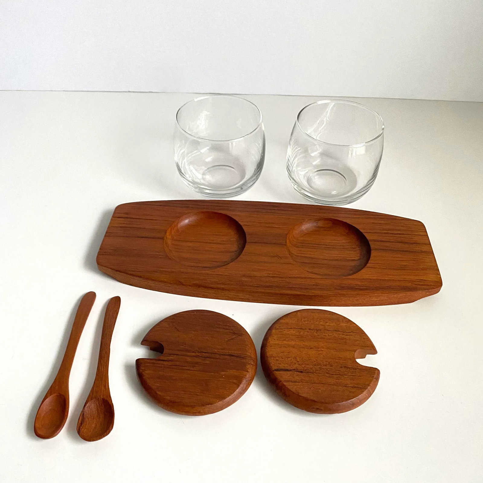 Mid Century Danish Modern 1960s Teak Condiment Set Tray Covered Dish & Spoons - 5