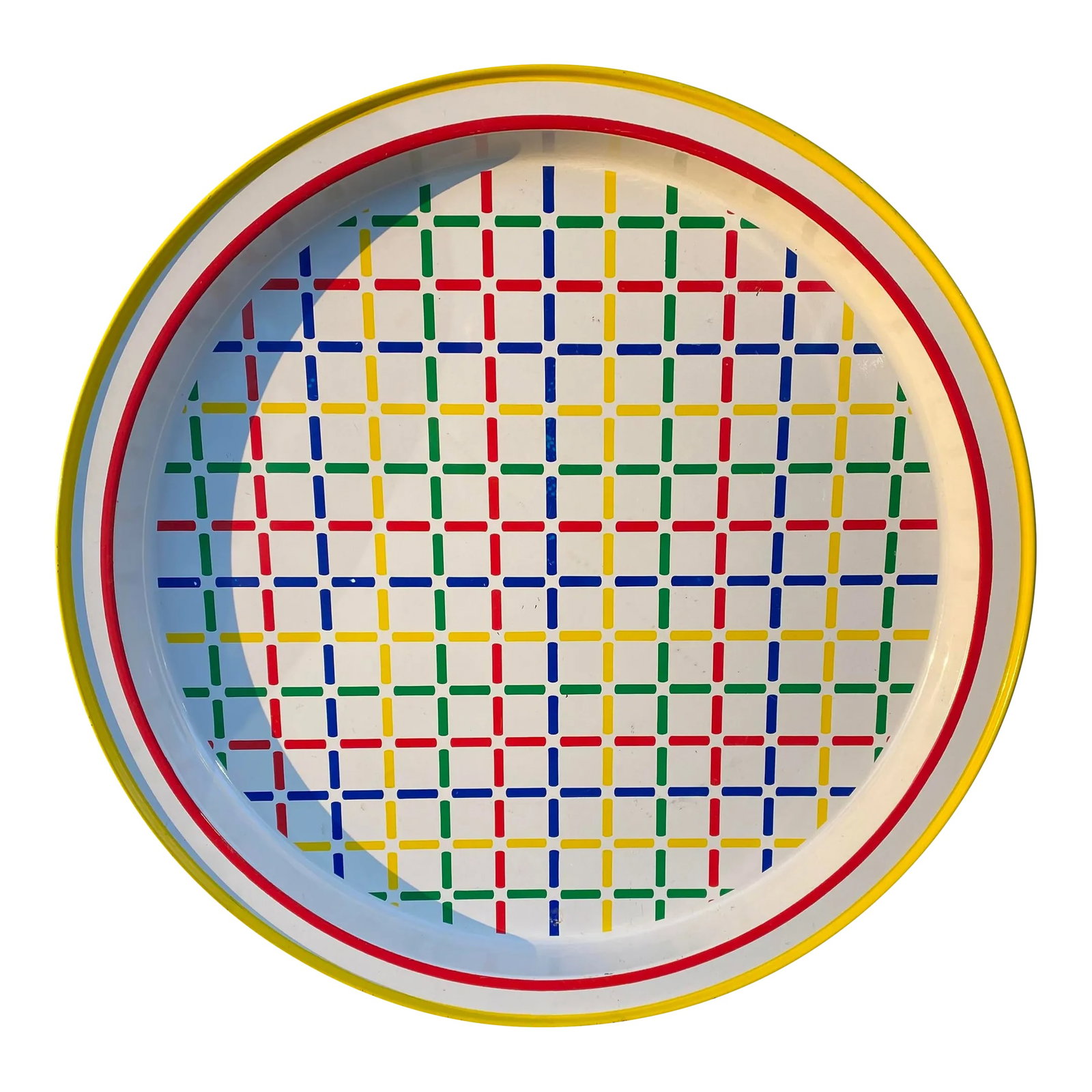 1980's Postmodern Metal Serving Tray: Totally 80's metal serving tray with crosshatch in the primary colors (and green!) by Potpourri press manufactured in Hong Kong. If you love color, postmodern design , and FUN, this one is for you!