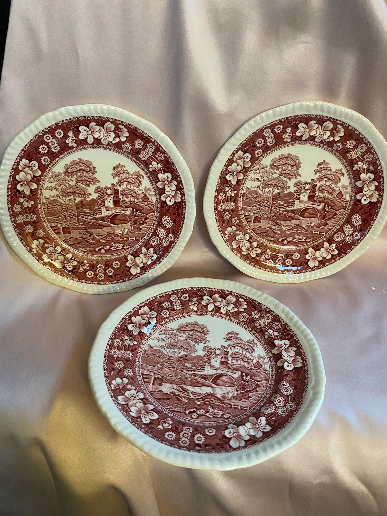Final Markdown. Rare Find; Spode "Pink Tower" Design English Transferware Side Plates. Set of 3 - 2
