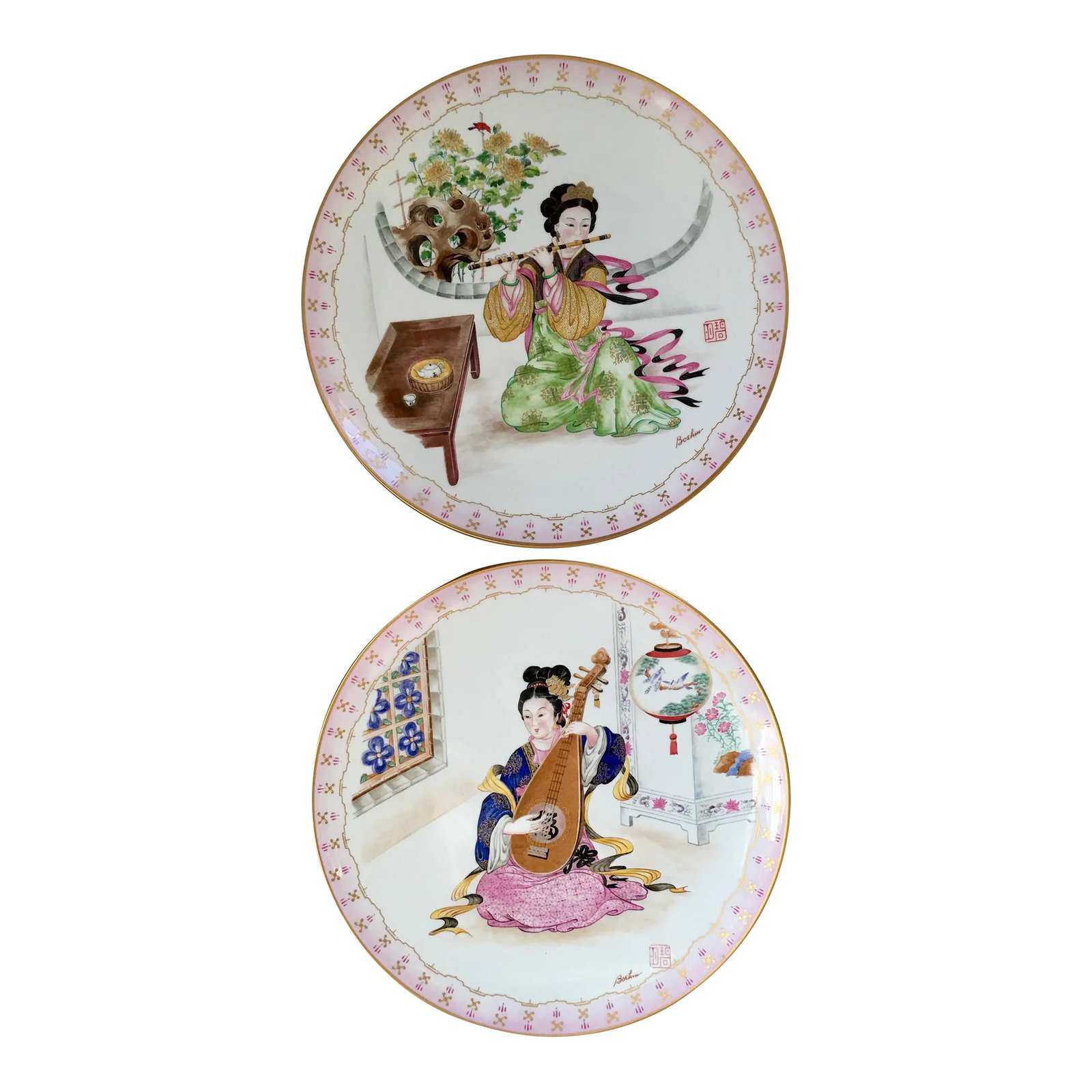 1980's Chinese Maiden Plates-Pair: Made in 1984 by Boehm Studios, this lovely pair of porcelain decor plates depicts 2 musical maidens in beautiful attire. Painted in vibrant colors of pinks, greens, and blues, and detailed throughout
