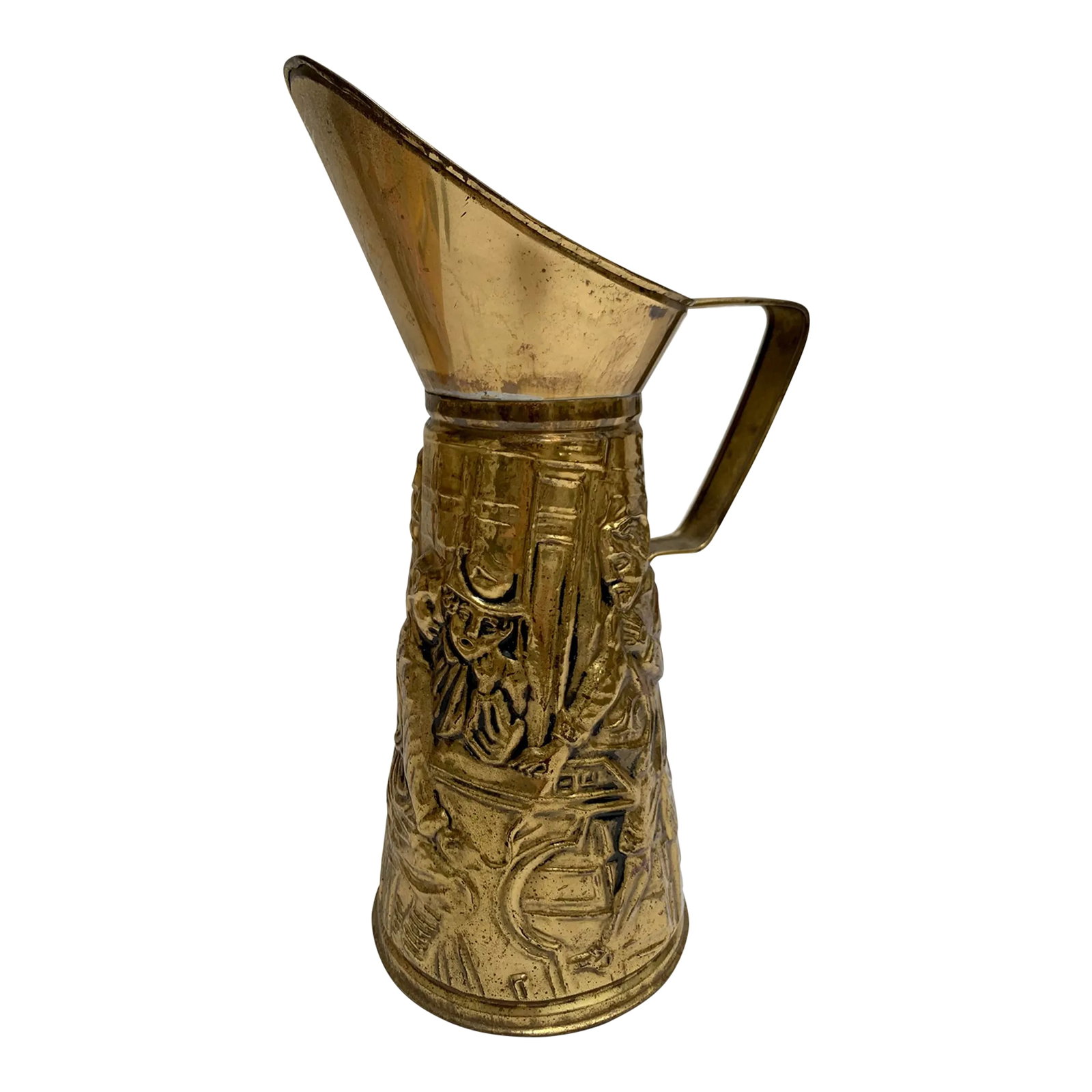 Vintage English Cottage Textured Brass Decor Pitcher: Vintage English cottage style brass decor pitcher with hammered textured design of men working. Made in England. Condition: Alterations: Original Condition Unaltered Imperfections: Some Imperfections