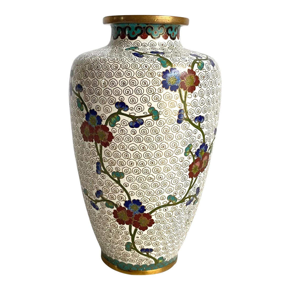 Cloisonne Vase Asian Chinoiserie Style White Cherry Blossom Floral 6" Tall: Cloisonne Vase Asian Chinoiserie Style White Cherry Blossom Floral 6" Tall Add this to a bookshelf or your collection. Condition: Alterations: Original Condition Unaltered Imperfections: Some