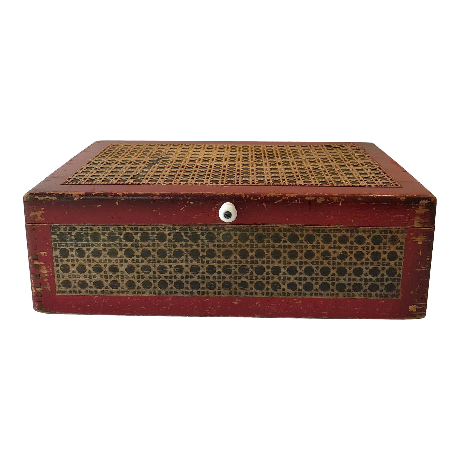 Vintage Red Wood Caned Box: Vintage red wooden box with caning details, hinged lid, and fabric lined inside lid. Red painted wood inside and out with a small white knob. Believed to be an old sewing box. Condition: Alterations: