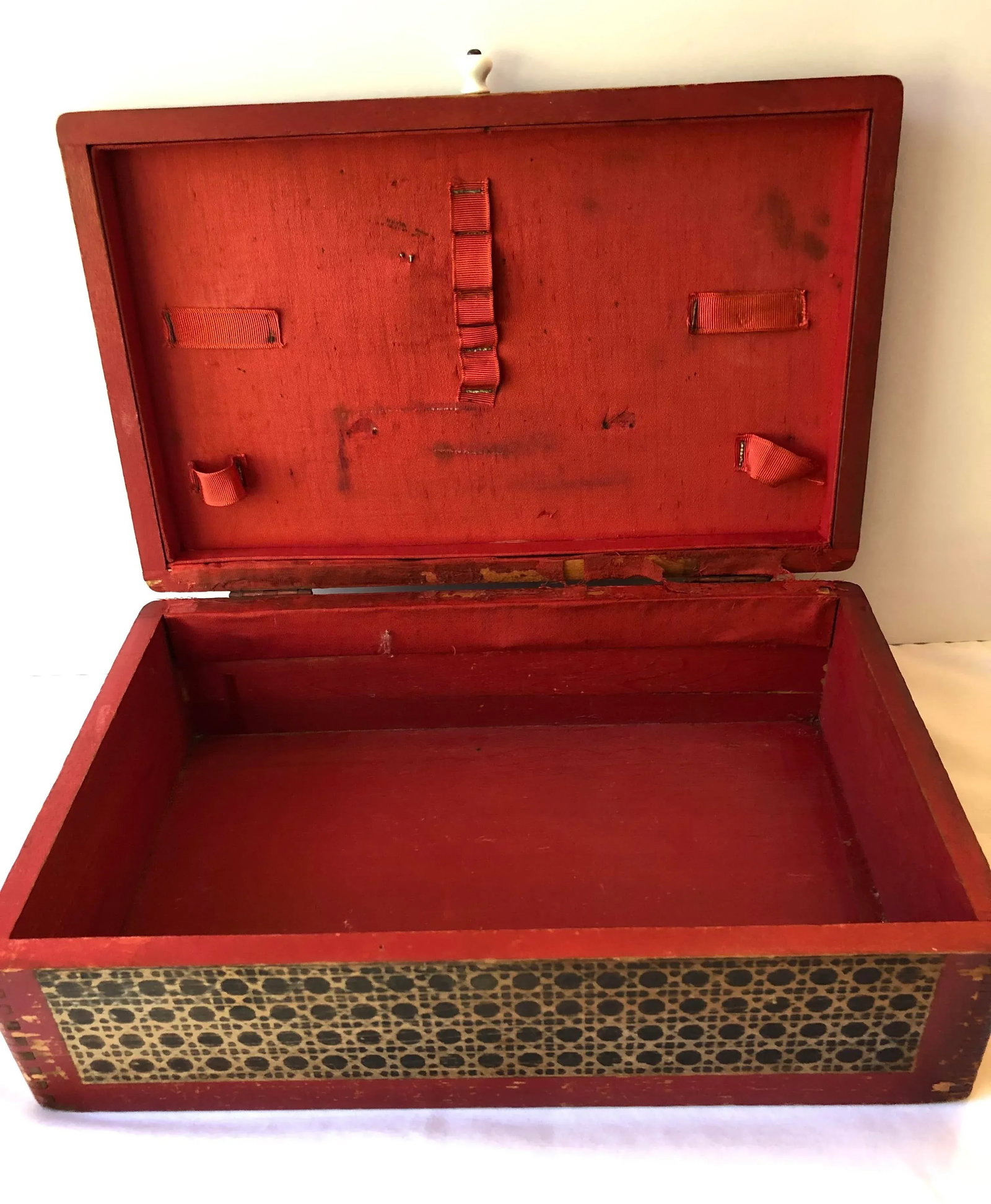 Vintage Red Wood Caned Box - 4