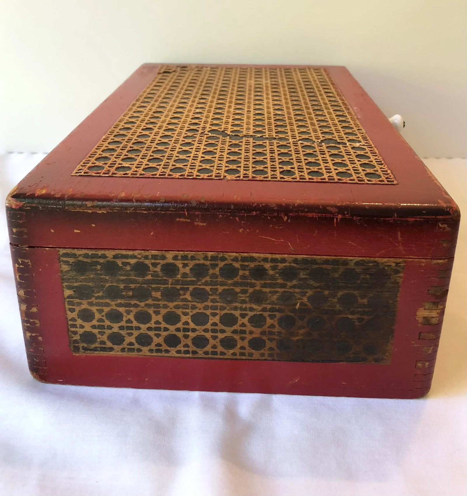 Vintage Red Wood Caned Box - 8