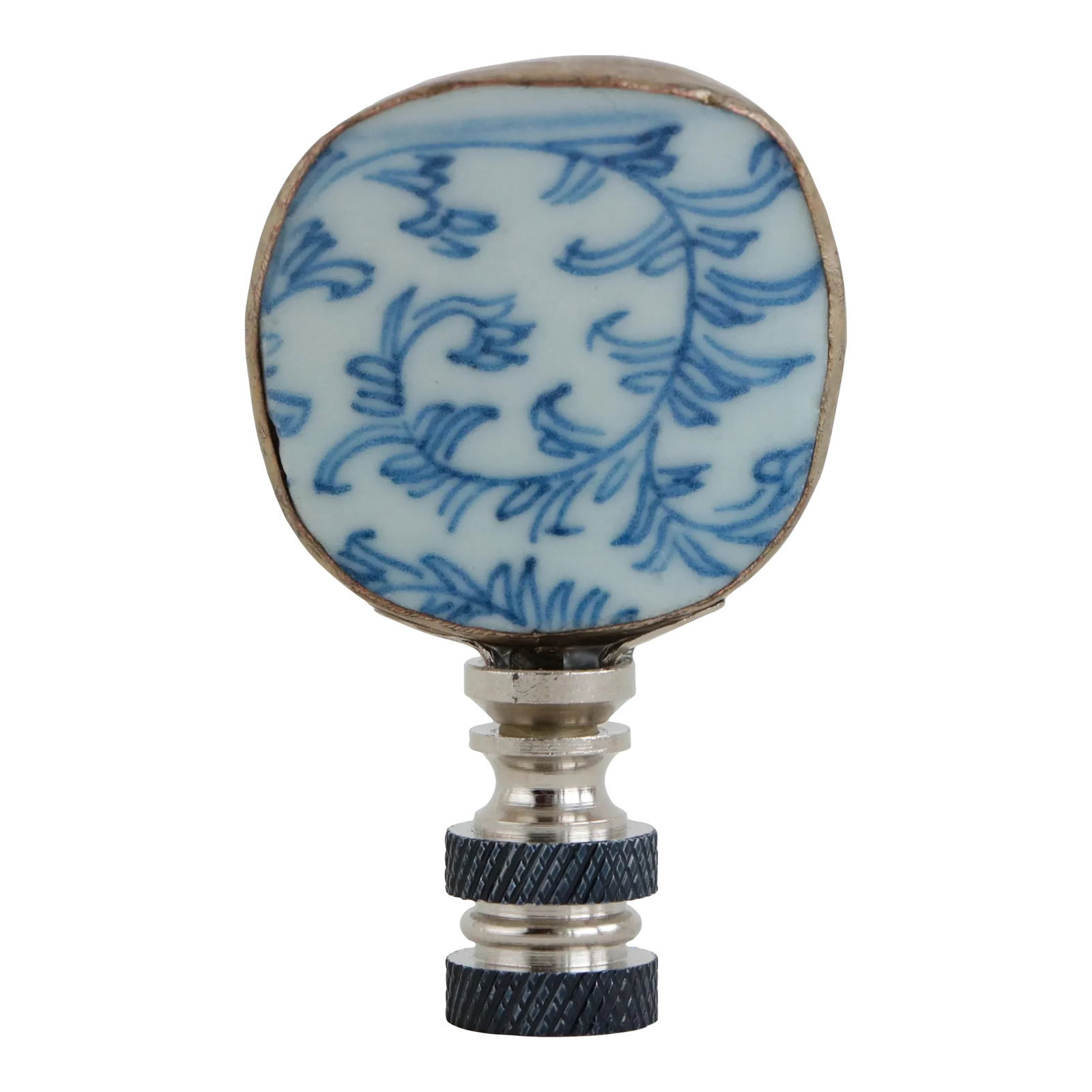 Chinese Blue & White Pottery Fragment Lamp Finial: Upgrade your existing lighting or add a distinctive finishing touch to any table lamp with a designer lamp finial. Crafted from a metal-bound vintage blue and white porcelain fragment topping a