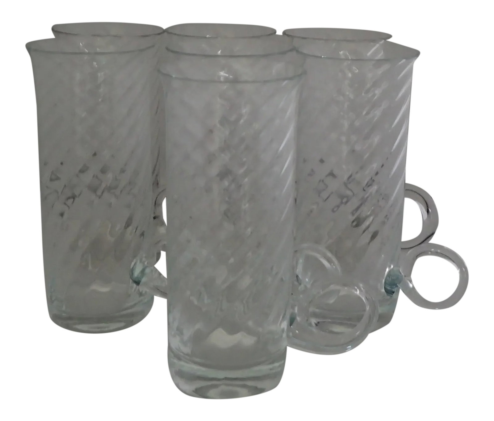 Vintage Irish Glass Coffee Mugs S/7: Vintage Fine Glass Set of Seven Irish Coffee Clear Glasses Mugs With Swirl Patten, No Makers Mark. Condition is excellent but 2 different shades colors of the glasses set of 4 with more greenish