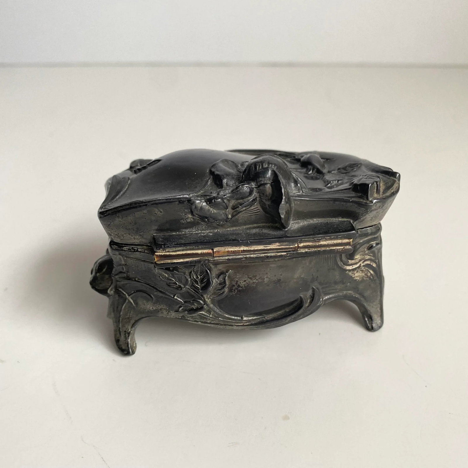 Art Nouveau Style Petite Jewelry Box Silver Plated Rose Motif - 7