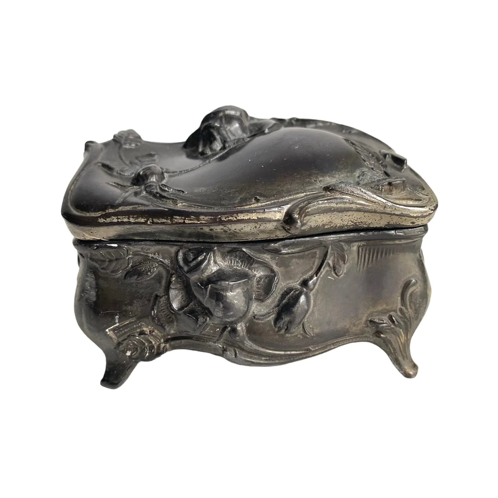 Art Nouveau Style Petite Jewelry Box Silver Plated Rose Motif - 9