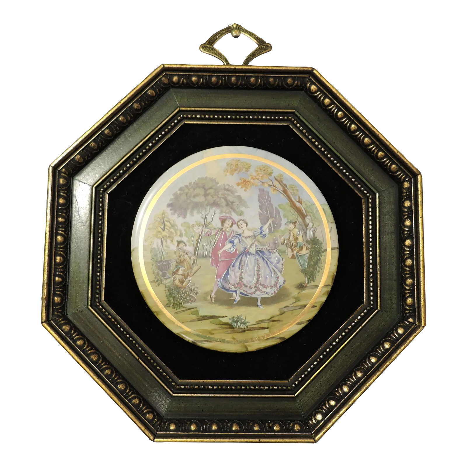 Vintage 60's Sungott Art Studios New York Hand Painted Porcelain Framed Wall Hanging: This hand painted porcelain wall hanging was produced by the Sungott Art Studios in New York and it was made around the 1960's. This porcelain wall hanging was hand painted with over glaze enamel