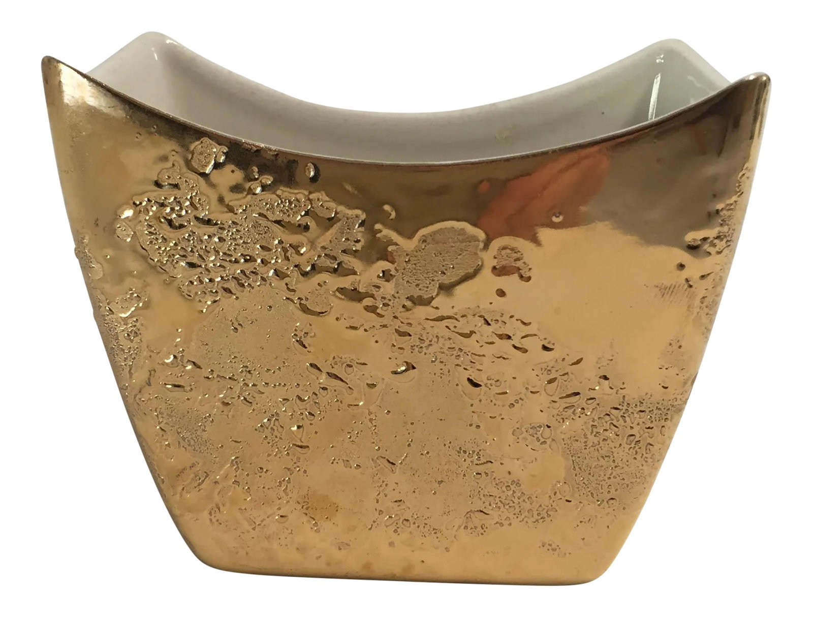 Midcentury "Weeping Bright " Gold Vase / Bowl: Rare Shape Mid century Gold Glazed POTTERY * Weeping Bright* Vase or Bowl ,Maker Mark Reads "USA" in Excellent condition. 5.5"W X 3"D X4.25"H Condition: Alterations: Original Condition Unaltered