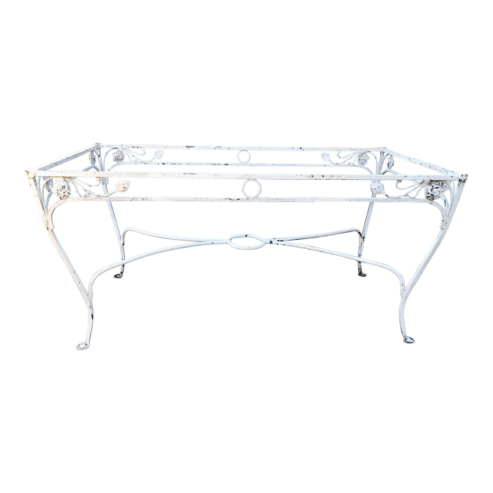 Mid Century Iron Dining Table Base: This great mid century iron table base works well inside or out. Can be topped with glass or marble for a lovely dining table. Corner lips raised to fit 60" x 30" glass top. Distressed finish in white