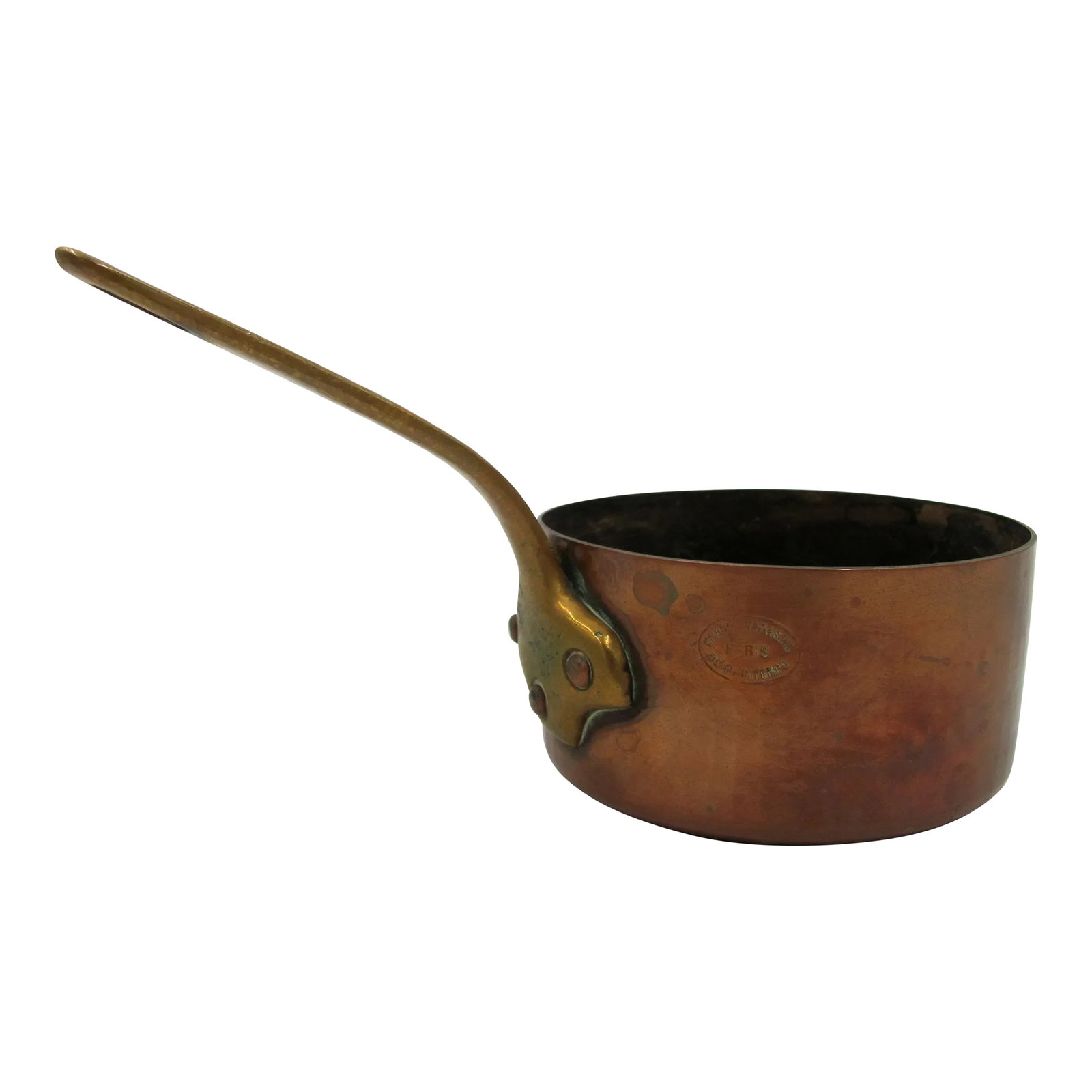 Antique Grand Magasins Paris Du Printemps Copper Sauce Pan French: A beautiful example of an old copper pot from France Tin-lined with brass handle fastened with three copper rivets 2mm thick at rim Not exactly round Singe marks and oxidation Age and maker unknown,