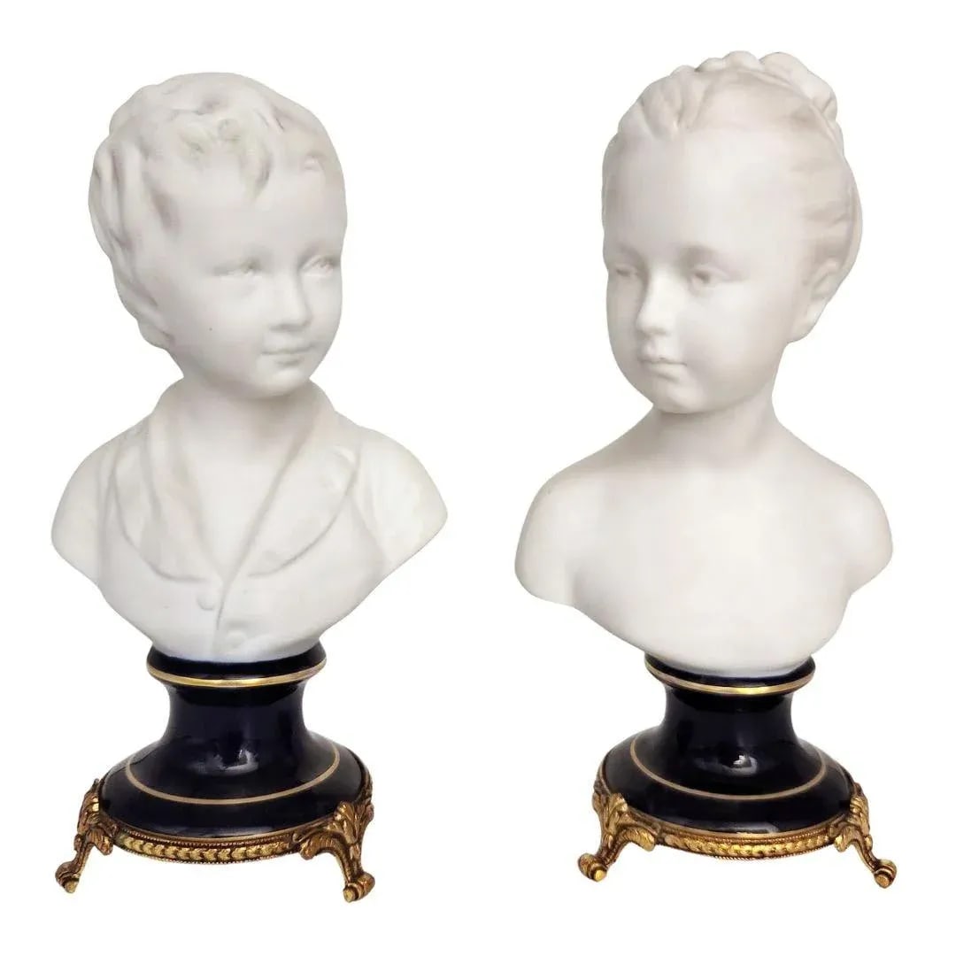 Limoges Bisque Porcelain Brongniart Children Busts After Houdon by Tharaud, a Pair - 13
